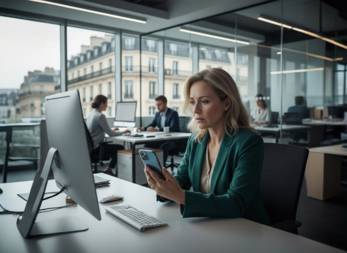 Femme professionnelle en veste verte dans un bureau moderne avec baies vitrées